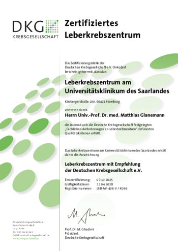 DKG-Urkunde Zertifizierung als Leberkrebs-Zentrum 2025 - 2028