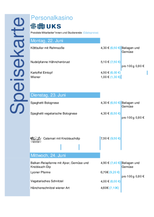 UKS Speiseplan vom 22. bis 26. Juni 2026