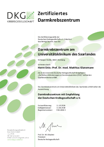 DKG-Urkunde Zertifizierung als Darmkrebs-Zentrum 2024 - 2028