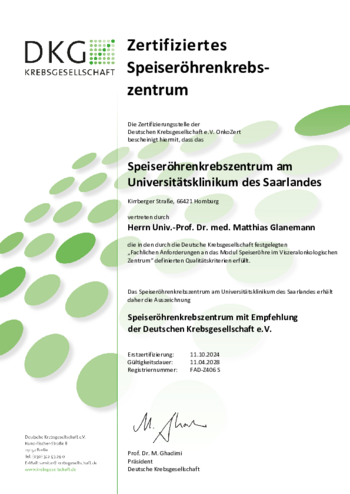 DKG-Urkunde Zertifizierung als Speiser&ouml;hrenkrebs-Zentrum 2024 - 2028
