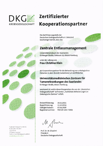 Zertifikat der Deutschen Krebsgesellschaft g&uuml;ltig von 2024 bis 2028