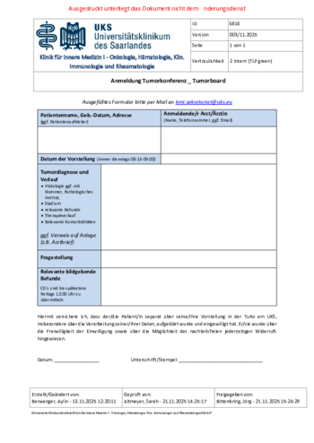 Anmeldung Tumorkonferenz Tumorboard