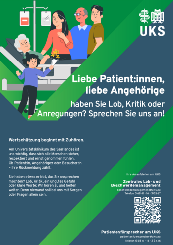 Infoplakt zu Ansprechpartnern f&uuml;r Patienten und Besucher des UKSdes UKS (PDF)