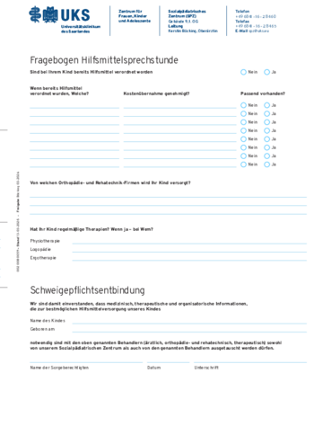 Fragebogen zur Hilfsmittelsprechstunde des SPZ