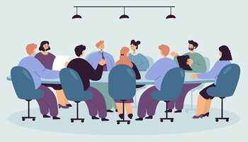 Illustration Personalrat mit gro&szlig;er Besprechungsrunde an einem Konferenztisch