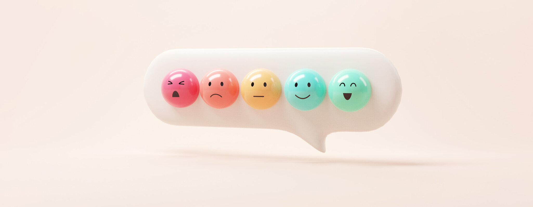 3D-Illustration mit einer schwebenden Sprechblase, dei 5 unterschiedliche Bewertungs-Emojis beinhalten