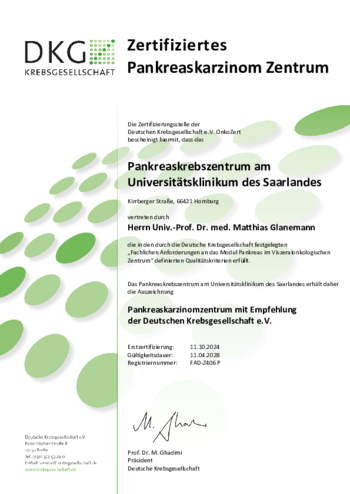 DKG-Urkunde Zertifizierung als Pankreaskrebs-Zentrum 2024 - 2028