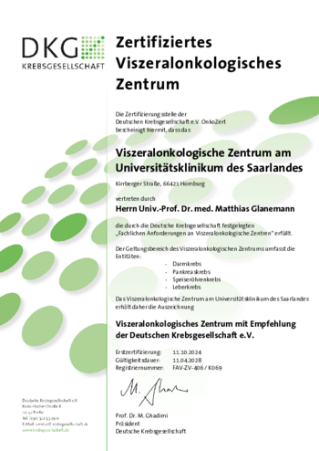 DKG-Urkunde Zertifizierung als Viszeralonkologisches Zentrum 2024 - 2028