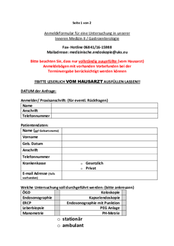 Anmeldeformular Endoskopie